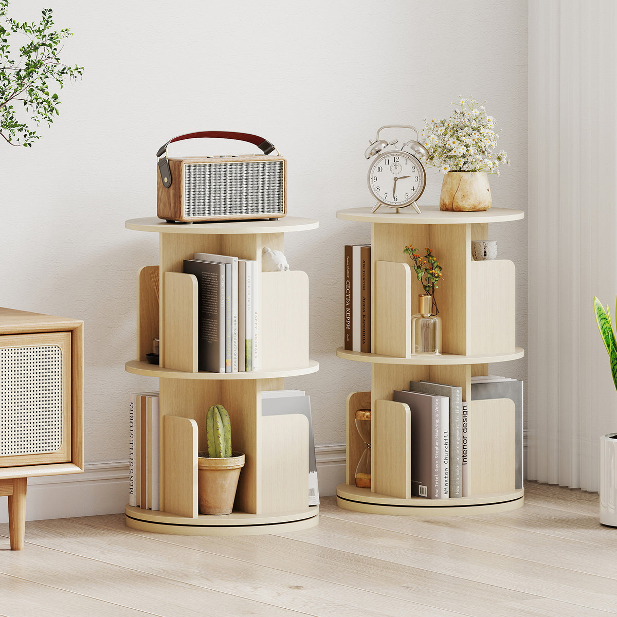 2-Tier Rotating Bookshelf with Dividers - Natural