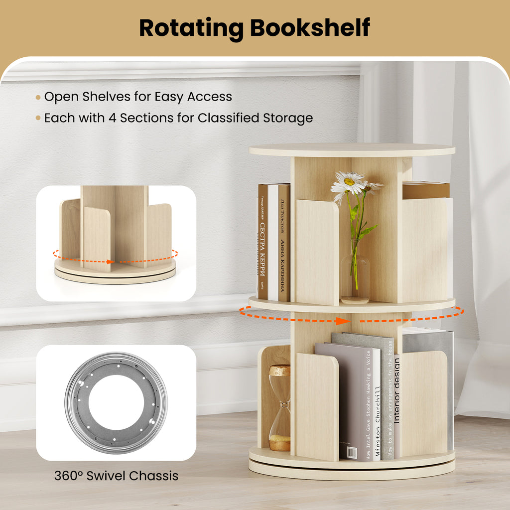 2-Tier Rotating Bookshelf with Dividers - Natural