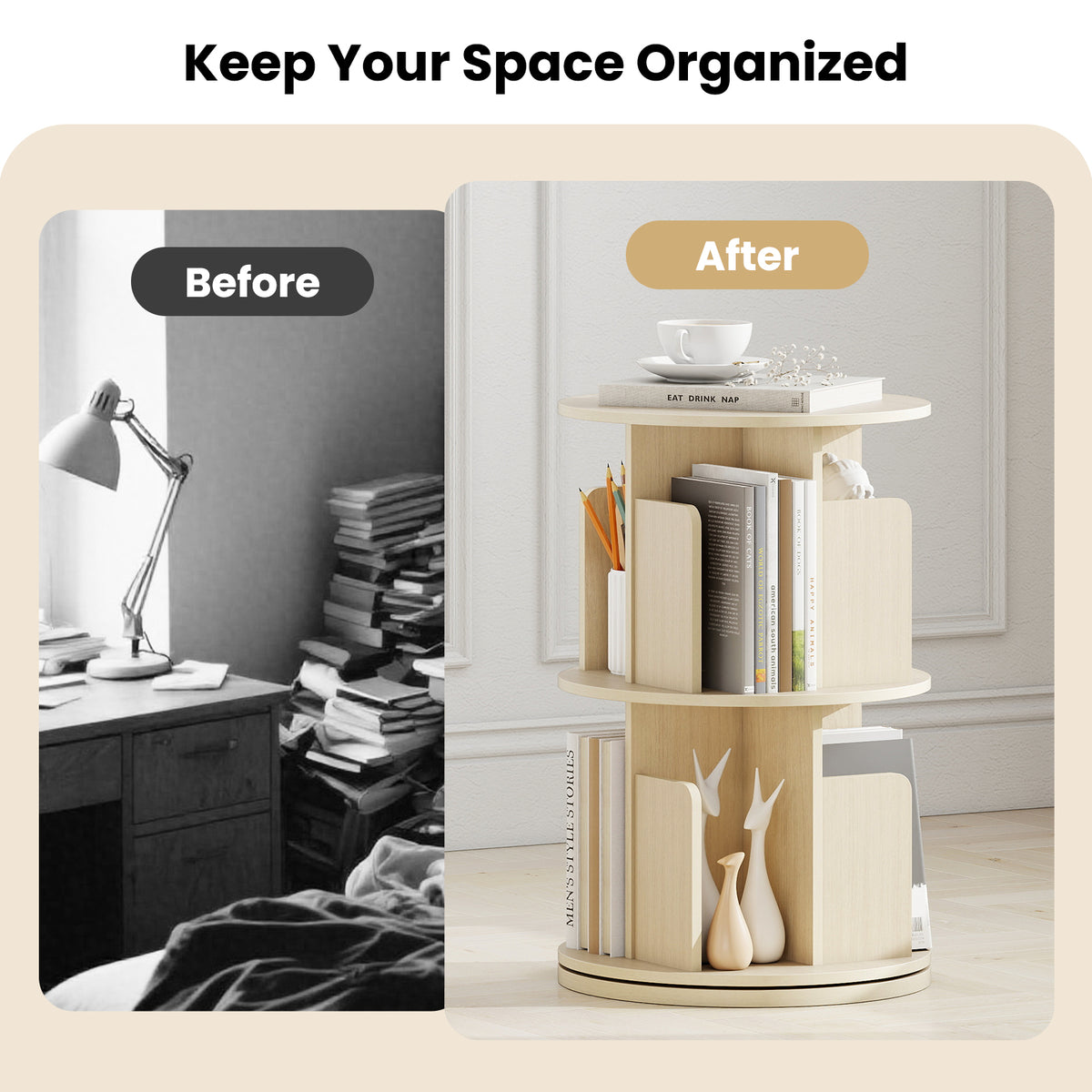 2-Tier Rotating Bookshelf with Dividers - Natural