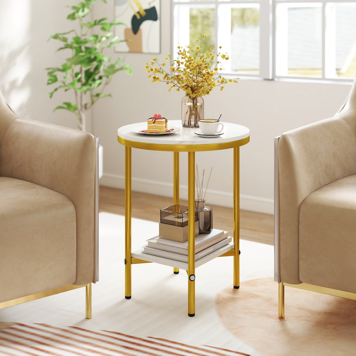 2-Tier Round Coffee Table with Storage Shelf