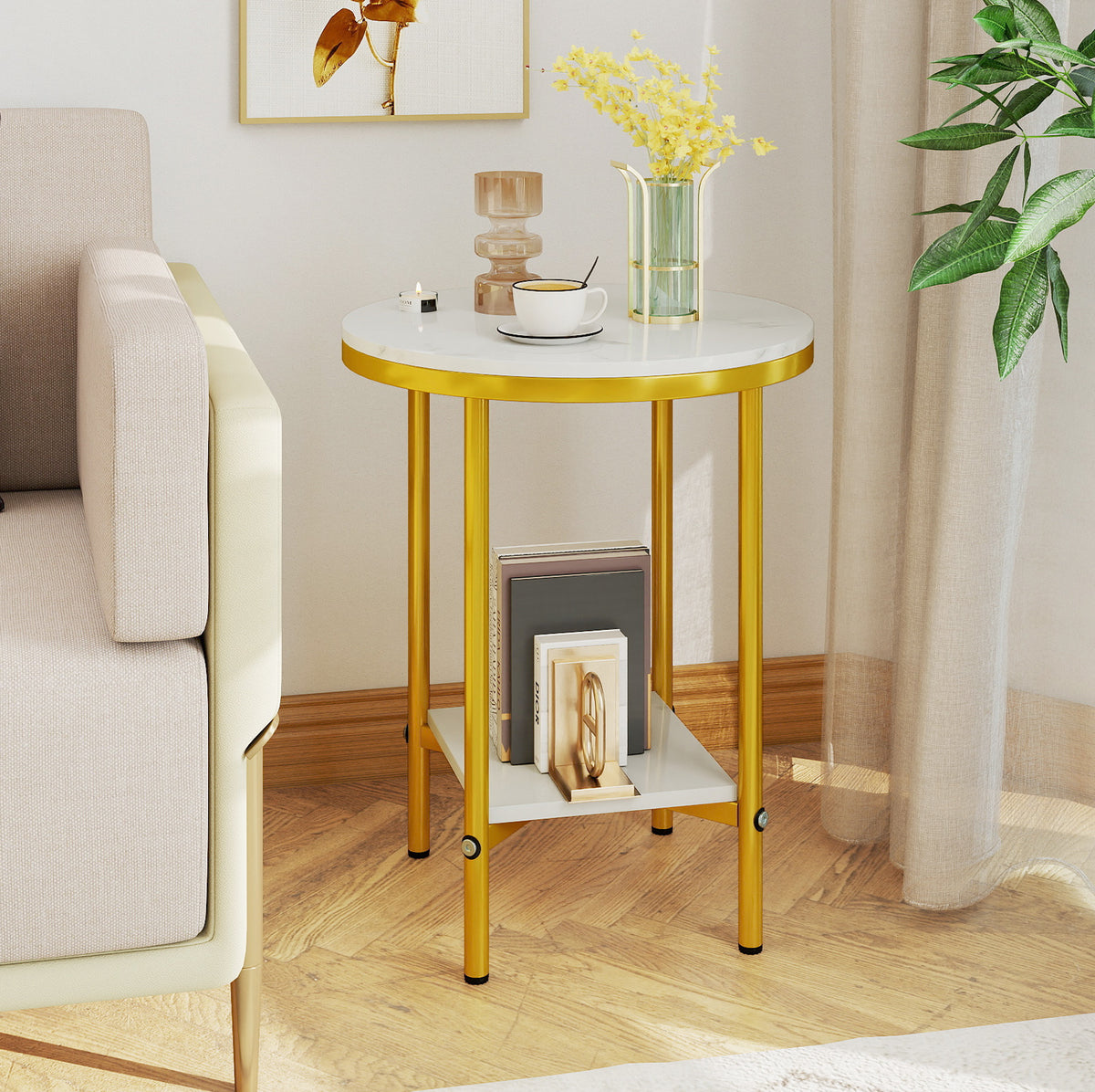 2-Tier Round Coffee Table with Storage Shelf