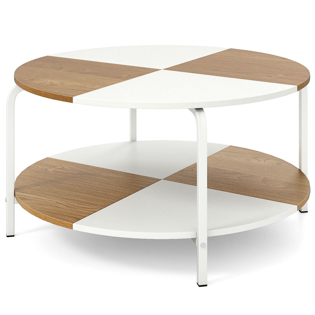 2-Tier Round Coffee Table with Storage Shelf - Natural & White