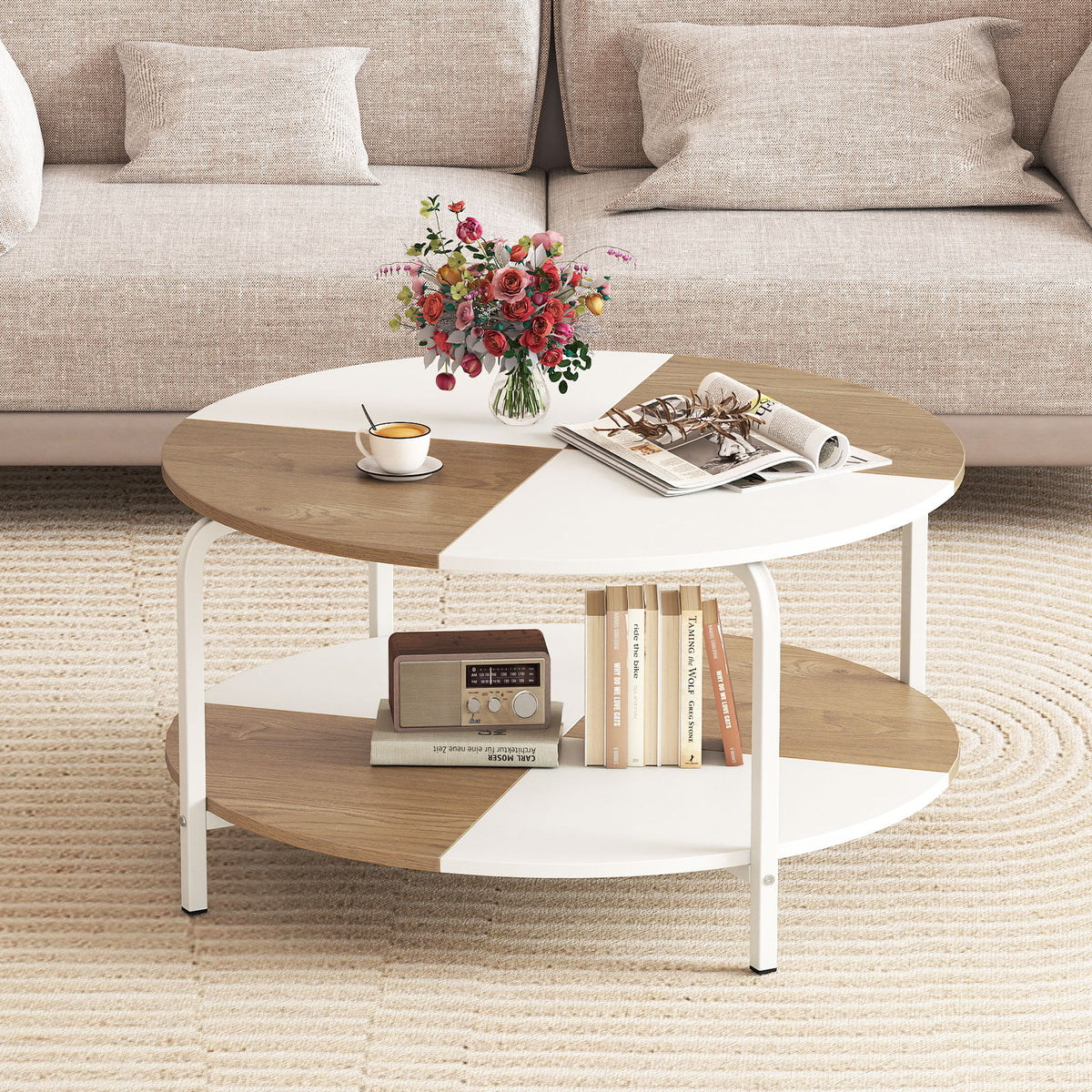2-Tier Round Coffee Table with Storage – Natural & White
