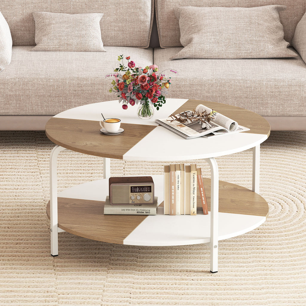 2-Tier Round Coffee Table with Storage Shelf - Natural & White