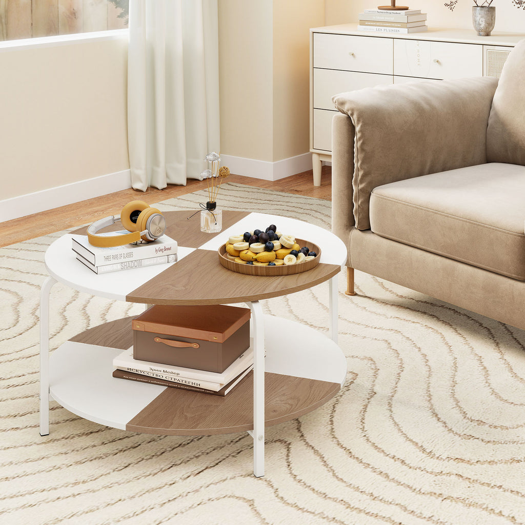 2-Tier Round Coffee Table with Storage – Natural & White