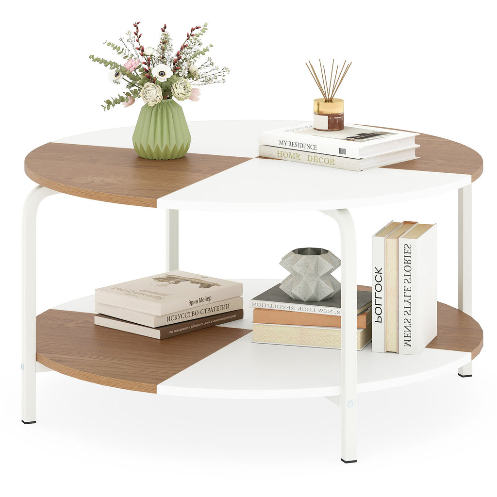 2-Tier Round Coffee Table with Storage Shelf - Natural & White