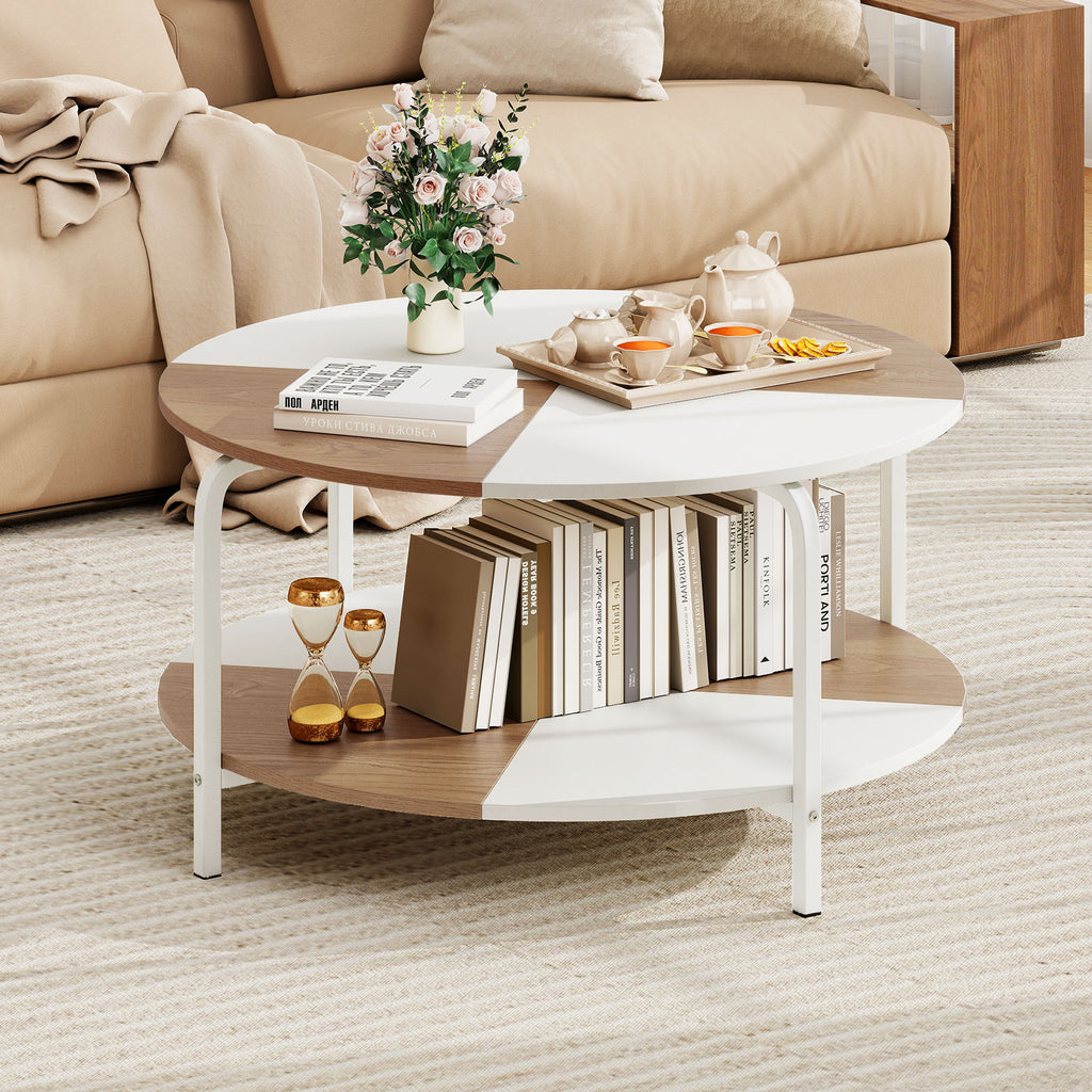 2-Tier Round Coffee Table with Storage Shelf - Natural & White