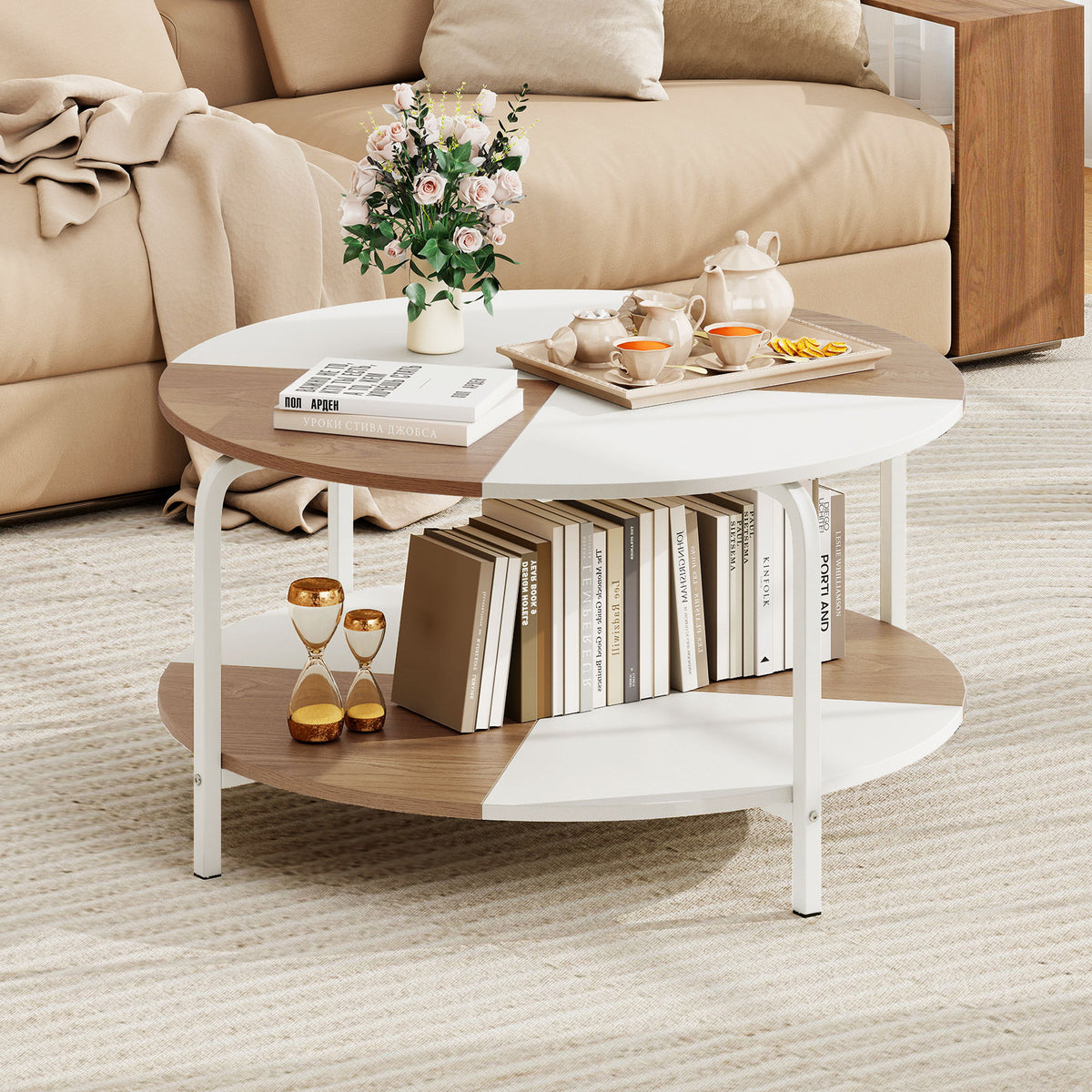 2-Tier Round Coffee Table with Storage Shelf - Natural & White