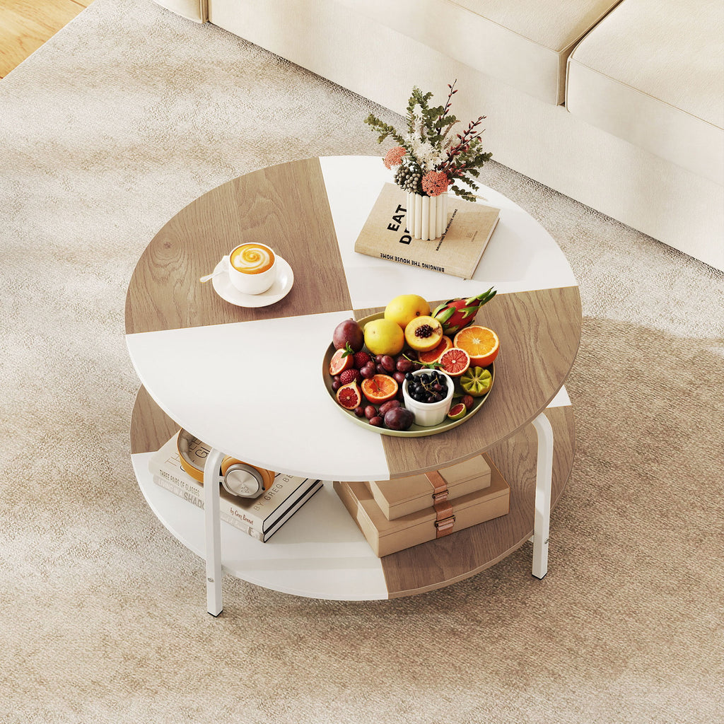 2-Tier Round Coffee Table with Storage – Natural & White