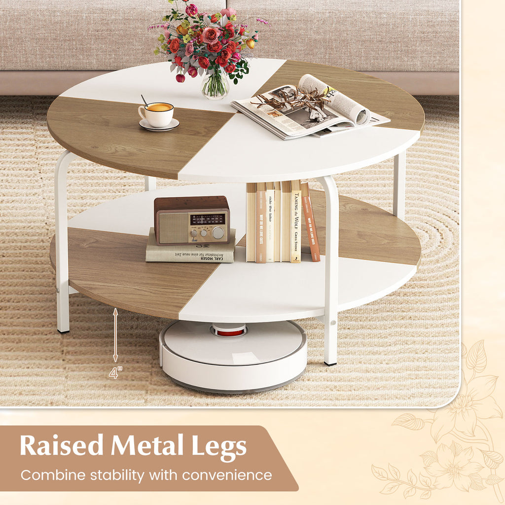 2-Tier Round Coffee Table with Storage Shelf - Natural & White