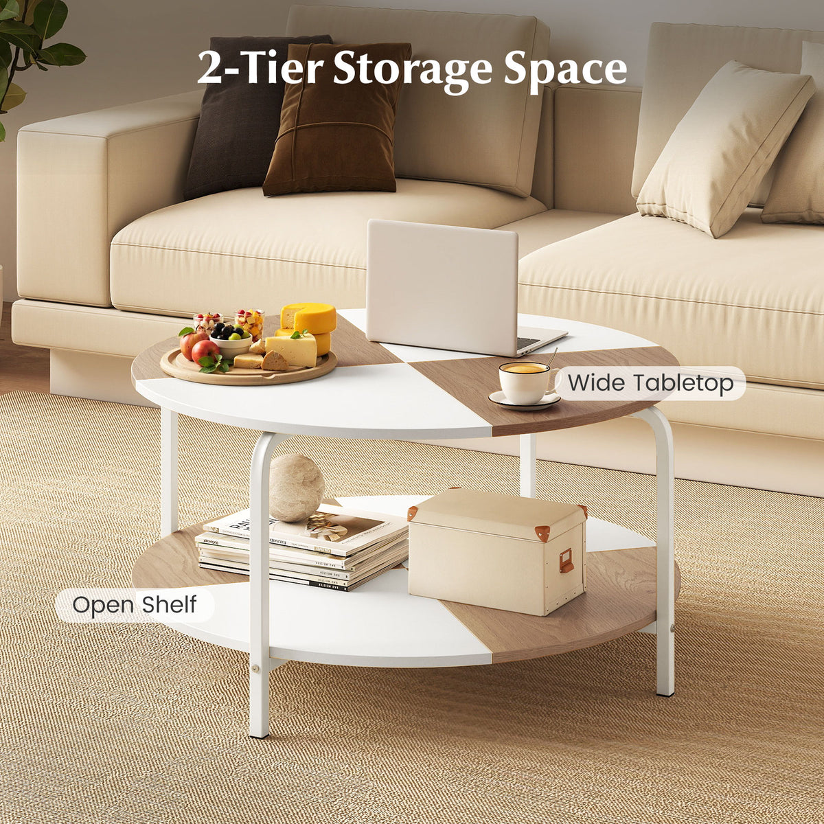 2-Tier Round Coffee Table with Storage Shelf - Natural & White