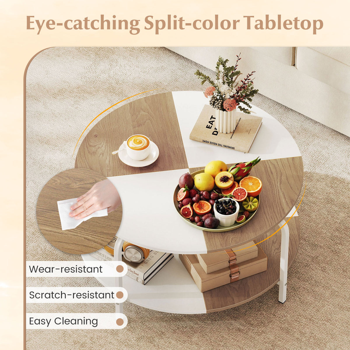 2-Tier Round Coffee Table with Storage Shelf - Natural & White