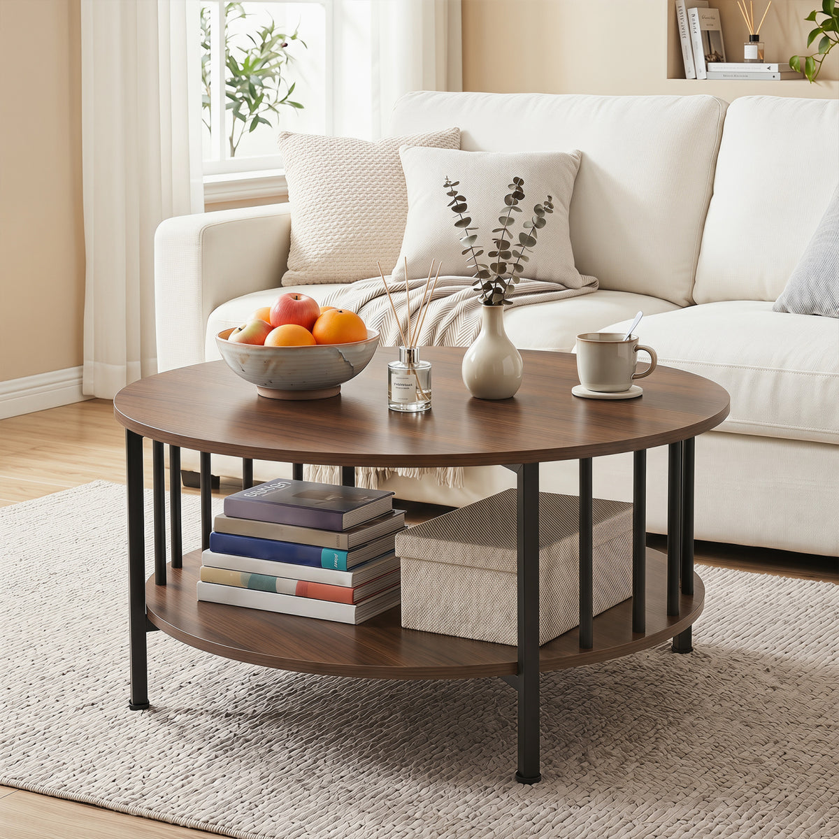 2-Tier Round Coffee Table with Storage Shelf – Black