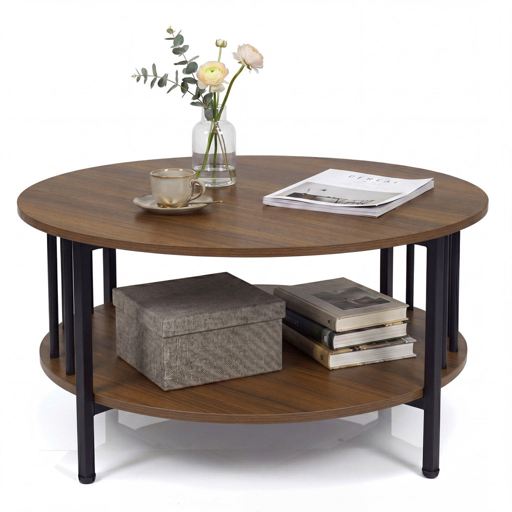 2-Tier Round Coffee Table with Storage Shelf – Black