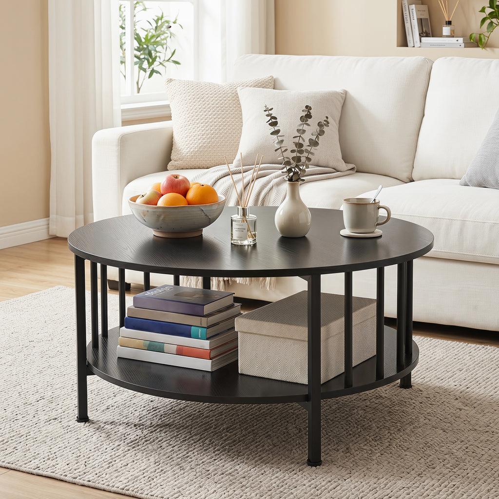 2-Tier Round Coffee Table with Storage Shelf – Black