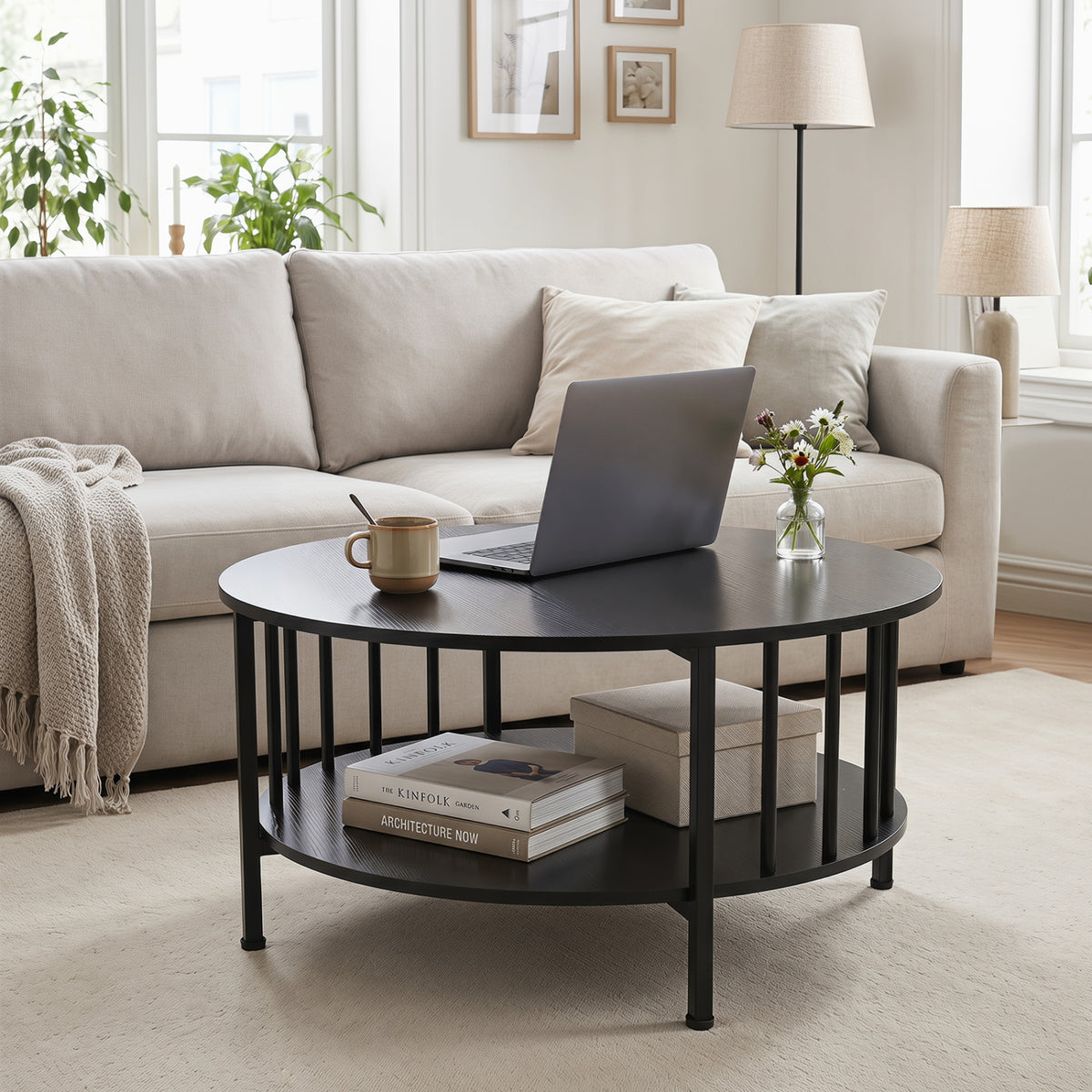 2-Tier Round Coffee Table with Storage Shelf – Black