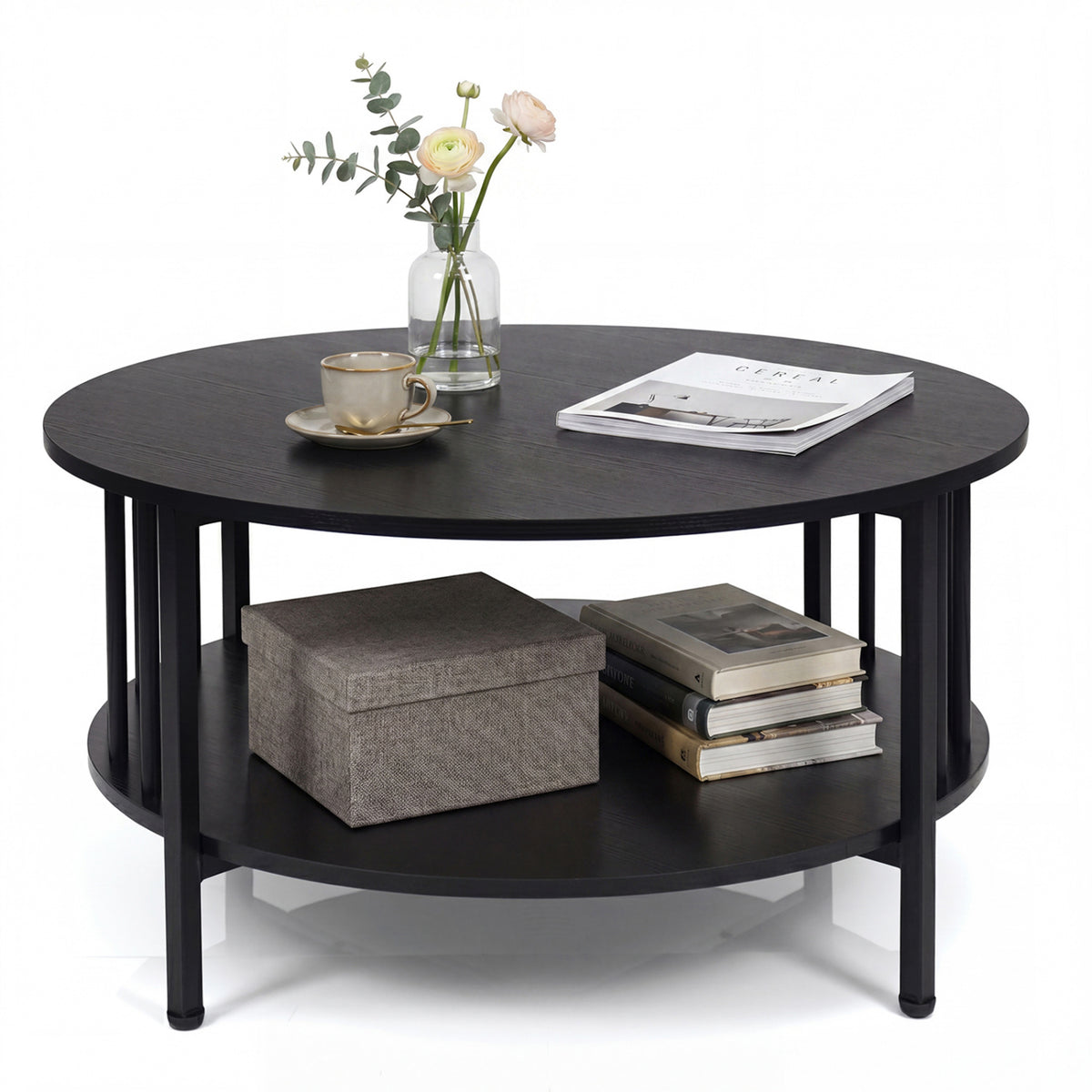 2-Tier Round Coffee Table with Storage Shelf – Black