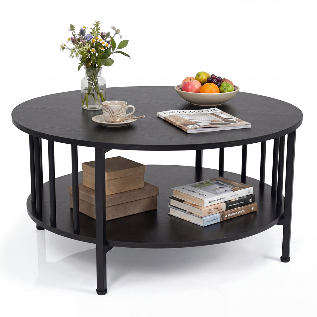 2-Tier Round Coffee Table with Storage Shelf – Black