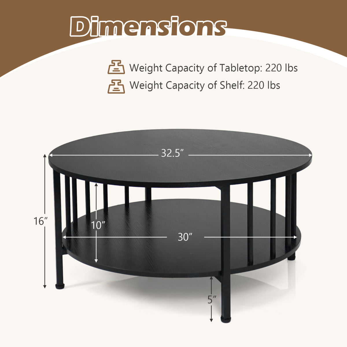 2-Tier Round Coffee Table with Storage Shelf – Black