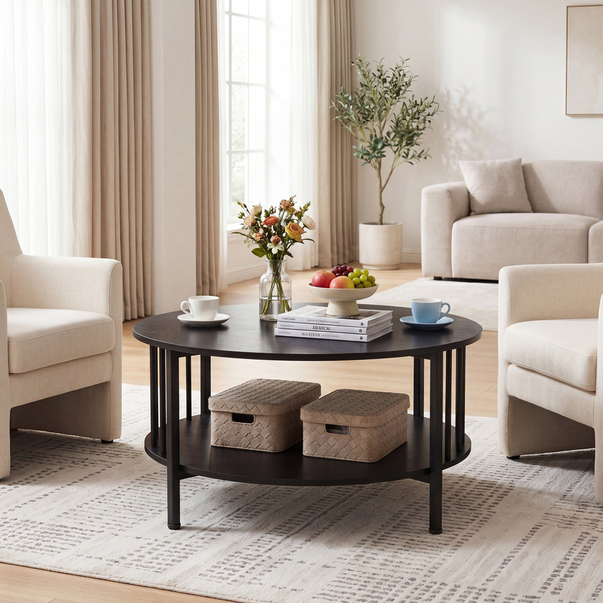 2-Tier Round Coffee Table with Storage Shelf – Black