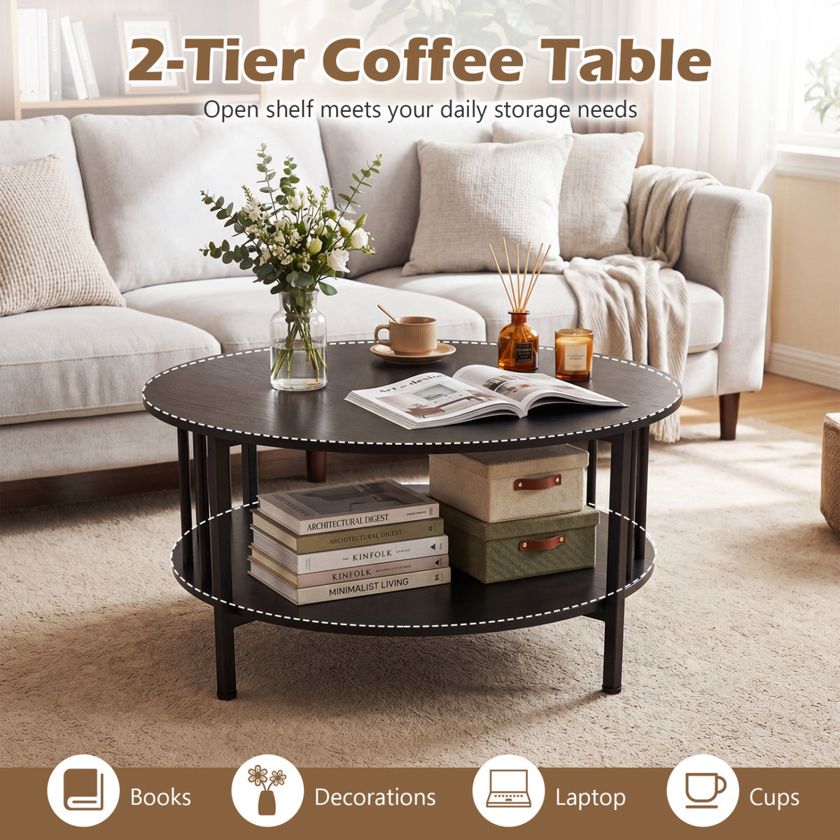 2-Tier Round Coffee Table with Storage Shelf – Black