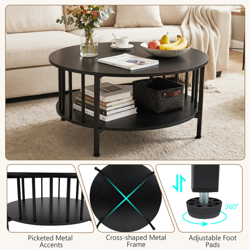 2-Tier Round Coffee Table with Storage Shelf – Black