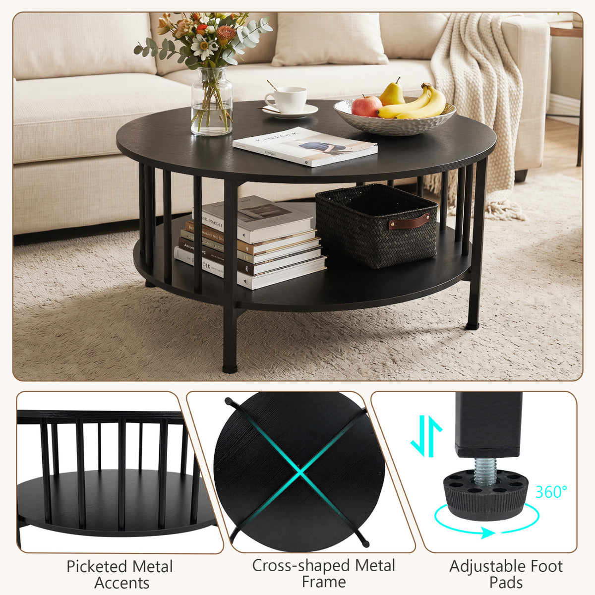 2-Tier Round Coffee Table with Storage Shelf – Black