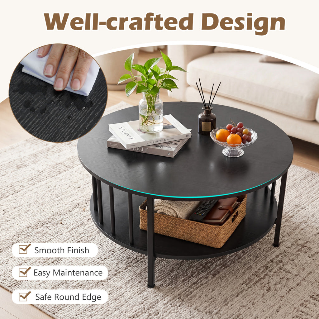 2-Tier Round Coffee Table with Storage Shelf – Black