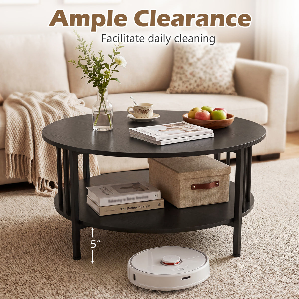 2-Tier Round Coffee Table with Storage Shelf – Black