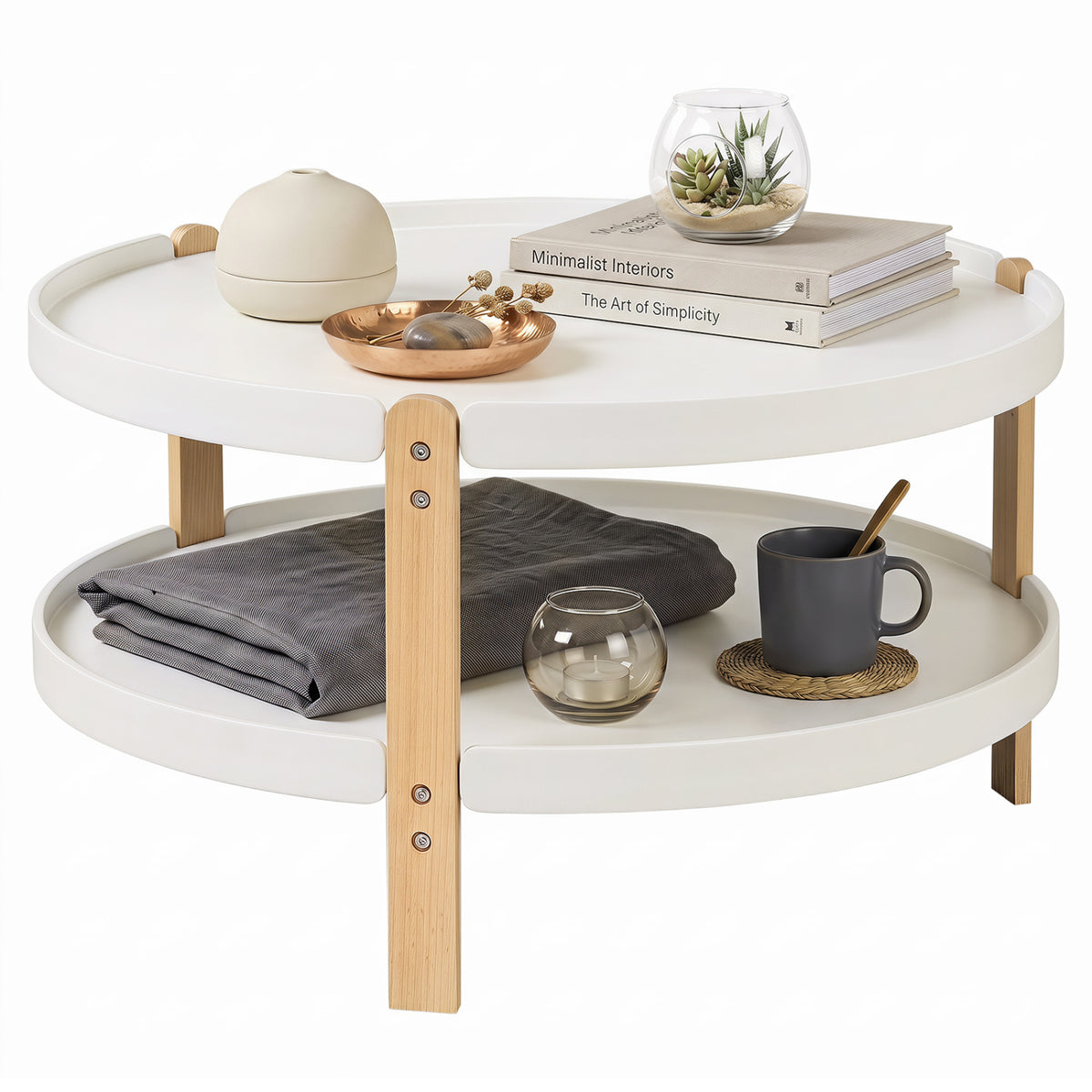 2-Tier Round Coffee Table with Storage Shelf, White, 31" Dia. x 18"H