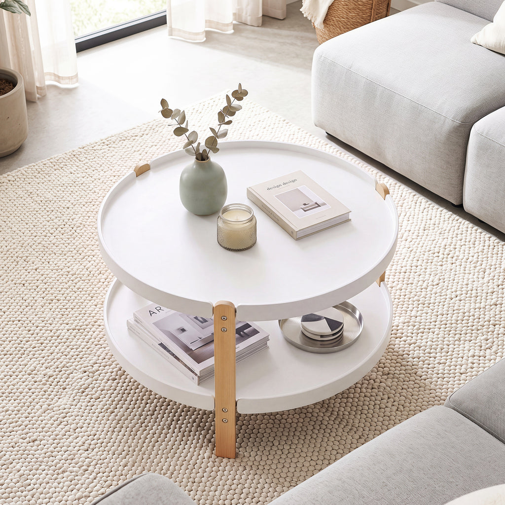 2-Tier Round Coffee Table with Storage Shelf, White, 31" Dia. x 18"H