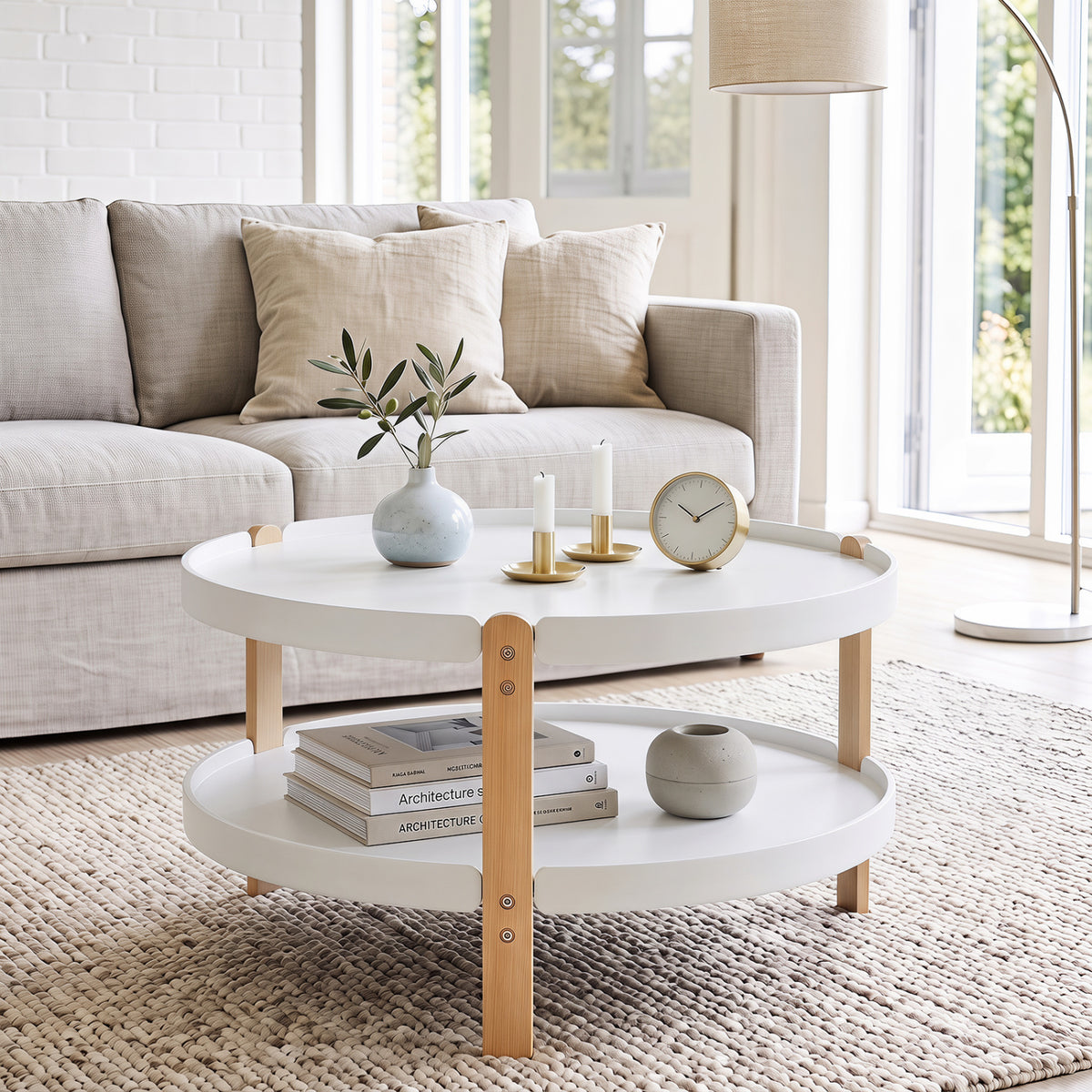 2-Tier Round Coffee Table with Storage Shelf, White, 31" Dia. x 18"H