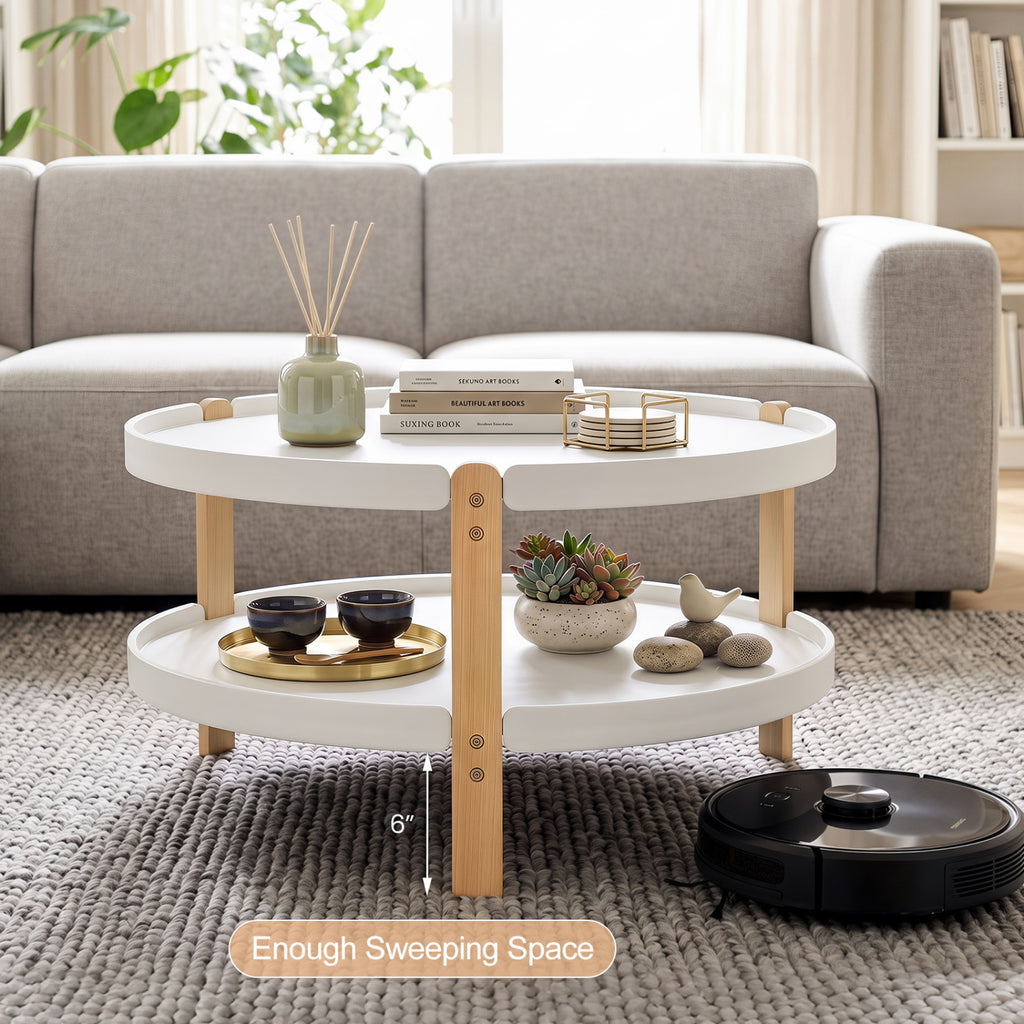 2-Tier Round Coffee Table with Storage Shelf, White, 31" Dia. x 18"H