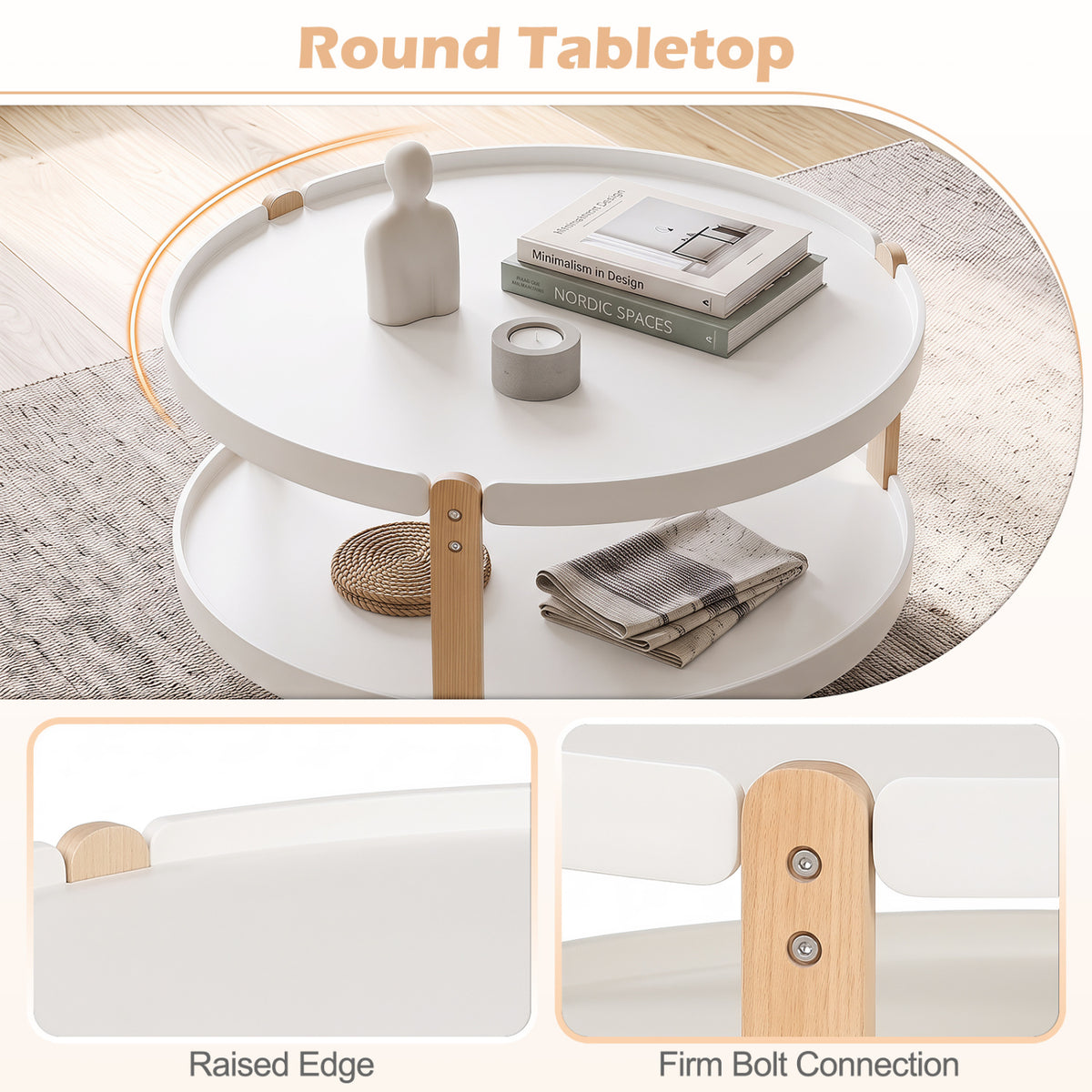 2-Tier Round Coffee Table with Storage Shelf, White, 31" Dia. x 18"H