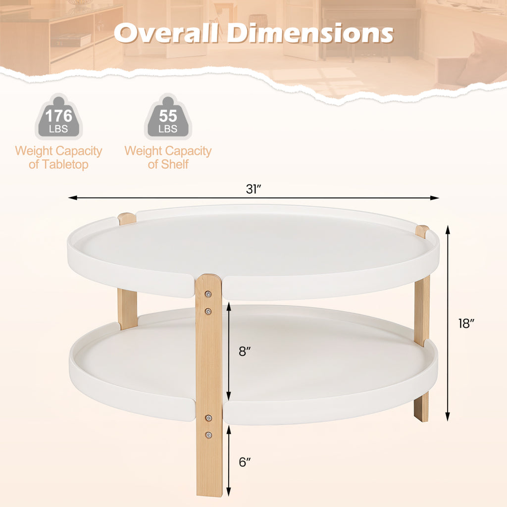 2-Tier Round Coffee Table with Storage Shelf, White, 31" Dia. x 18"H