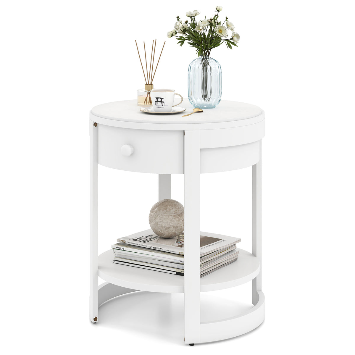 2-Tier Round End Table Mid Century Modern Nightstand, White