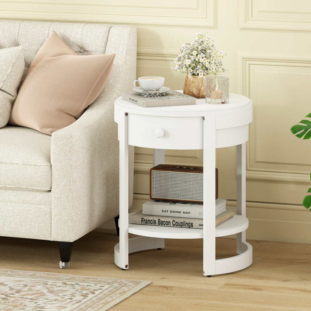 2-Tier Round End Table Mid Century Modern Nightstand, Oak Set of 2