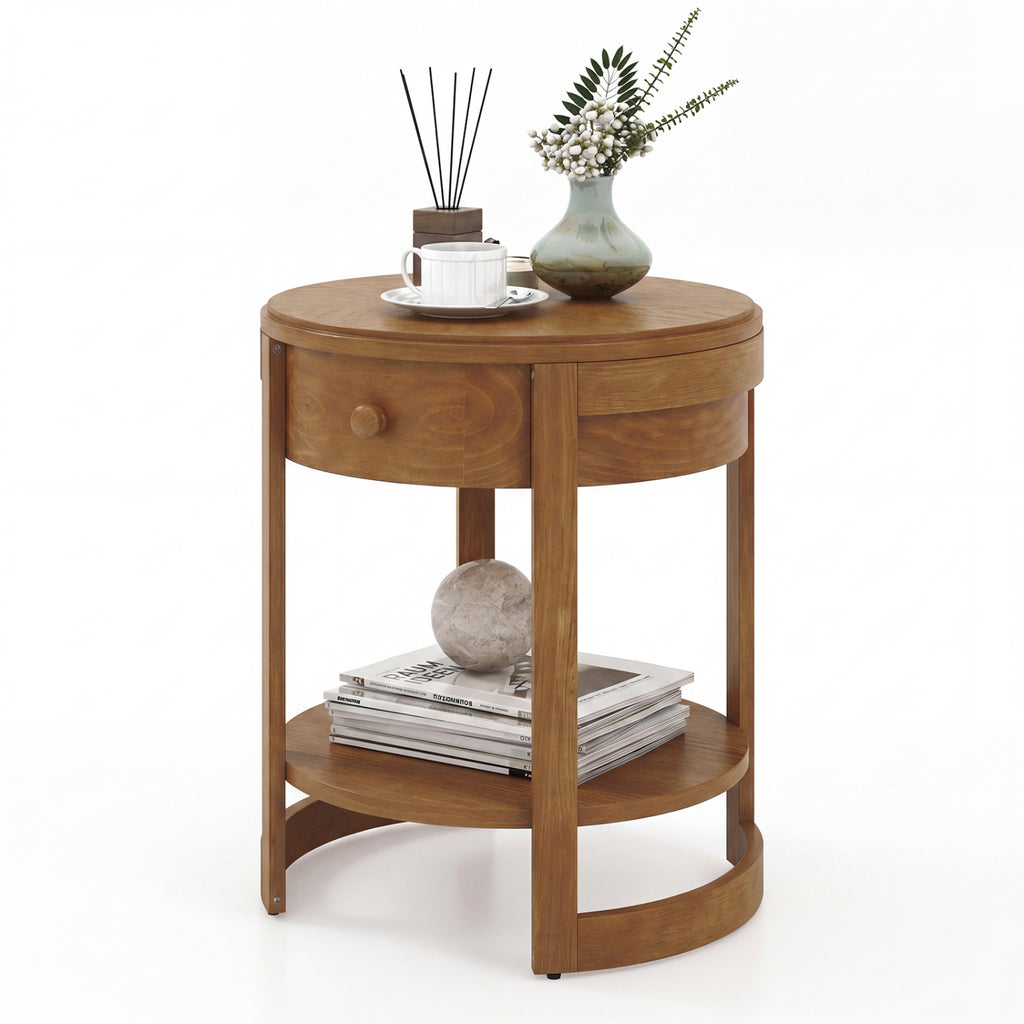 2-Tier Round End Table Mid Century Modern Nightstand, Oak Set of 2