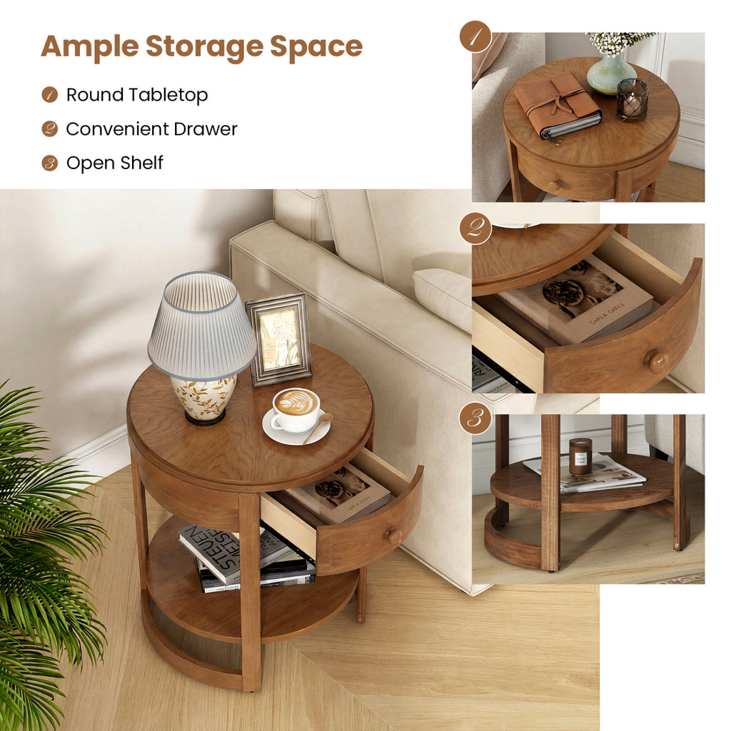 2-Tier Round End Table Mid Century Modern Nightstand, Oak Set of 2