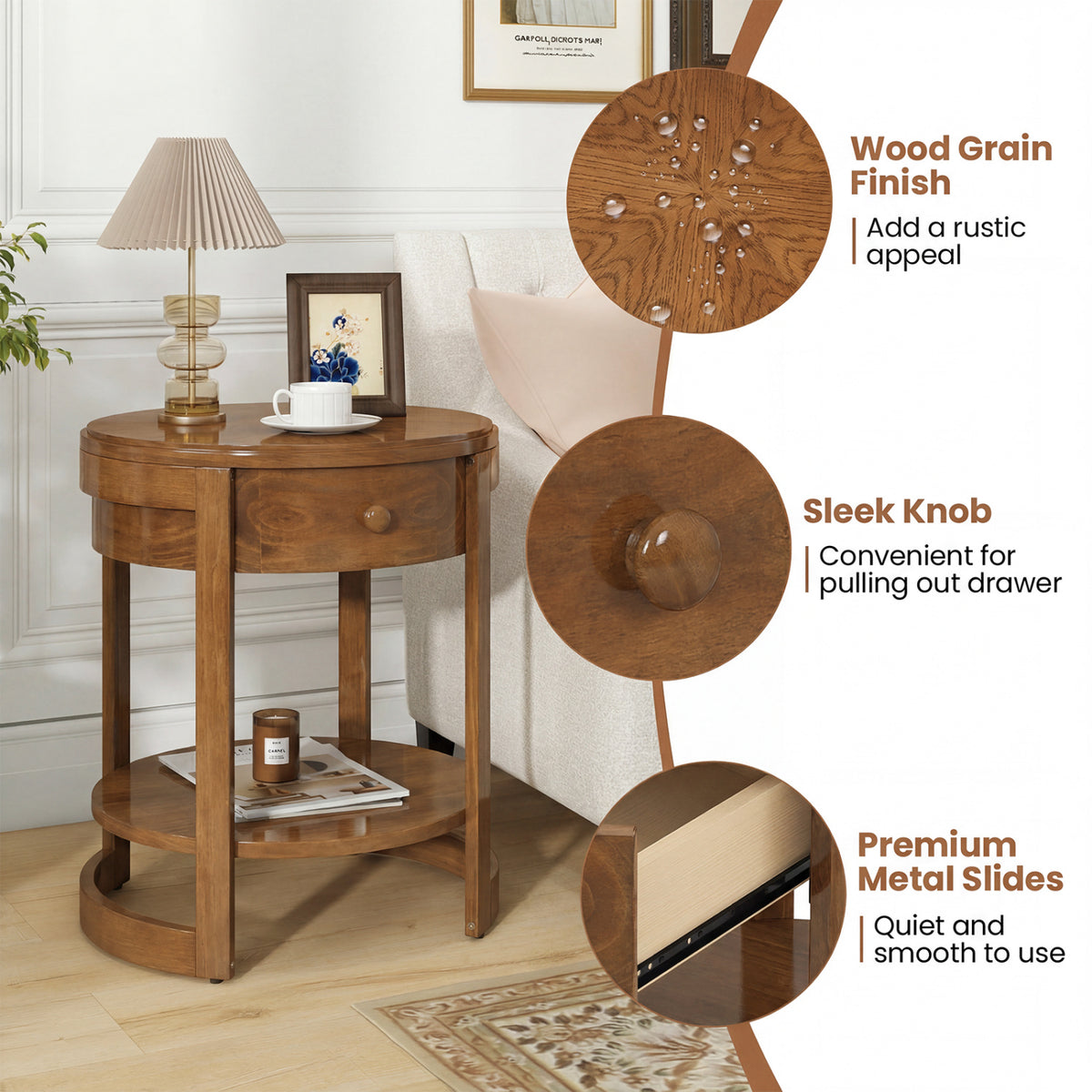 2-Tier Round End Table Mid Century Modern Nightstand, Oak Set of 2