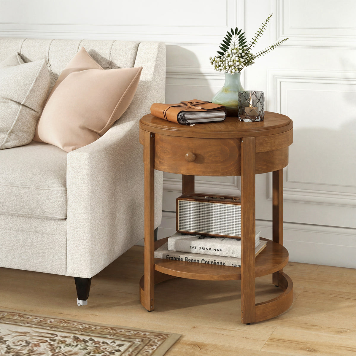 2-Tier Round End Table Mid Century Modern Nightstand, Oak Set of 2