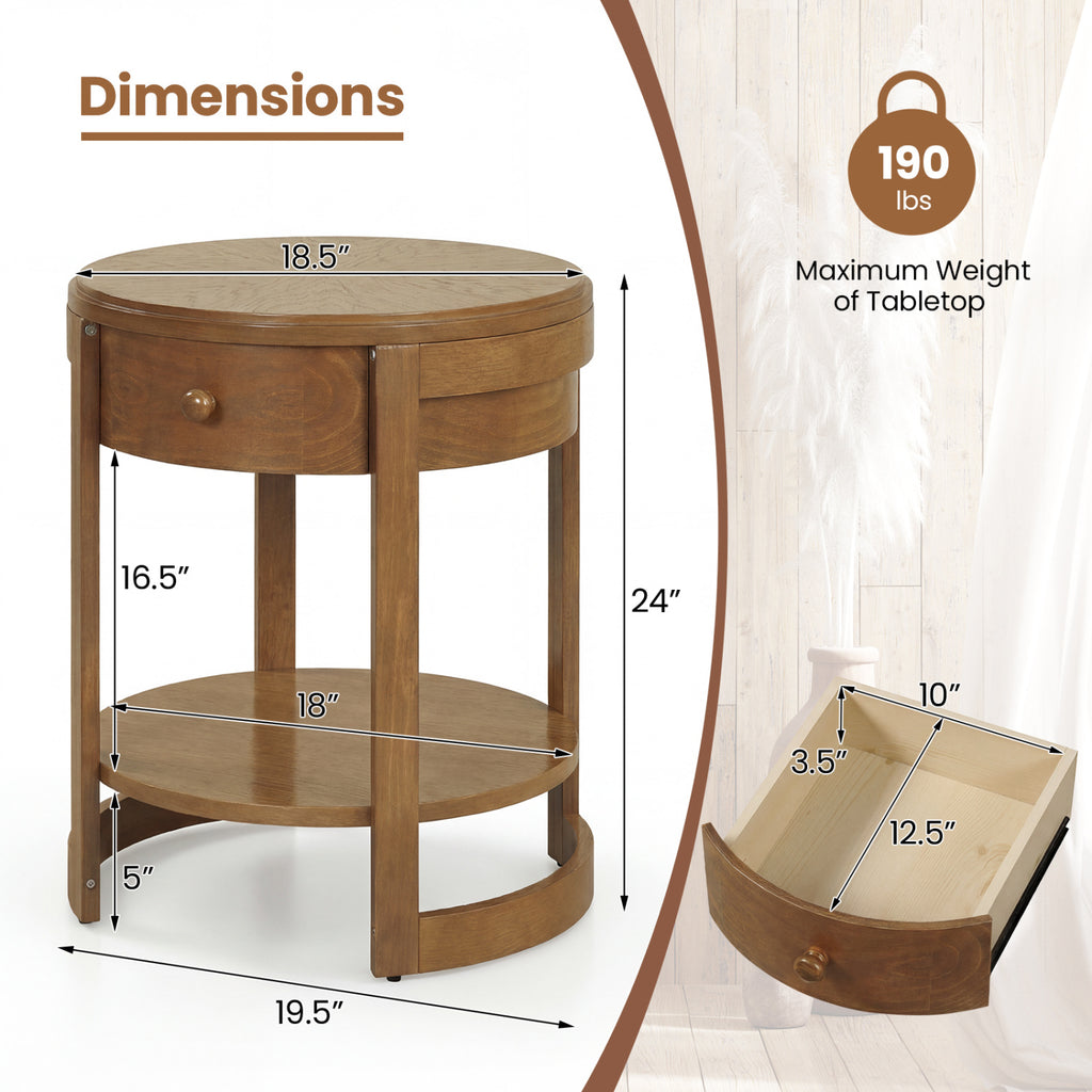 2-Tier Round End Table Mid Century Modern Nightstand, Oak Set of 2