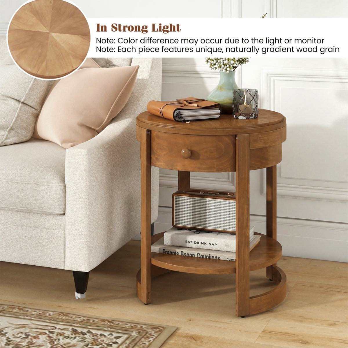 2-Tier Round End Table Mid Century Modern Nightstand, Oak Set of 2