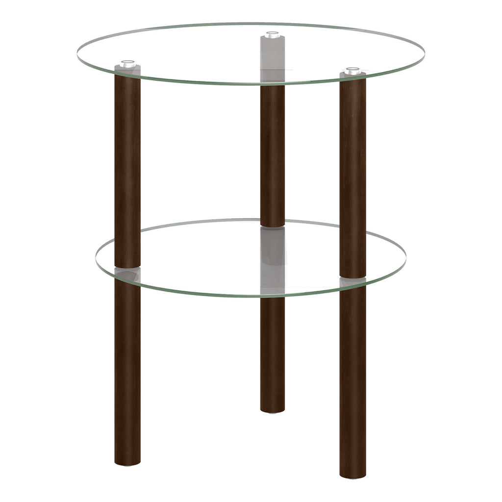 Round End Table with Tempered Glass Top & Shelf - Brown