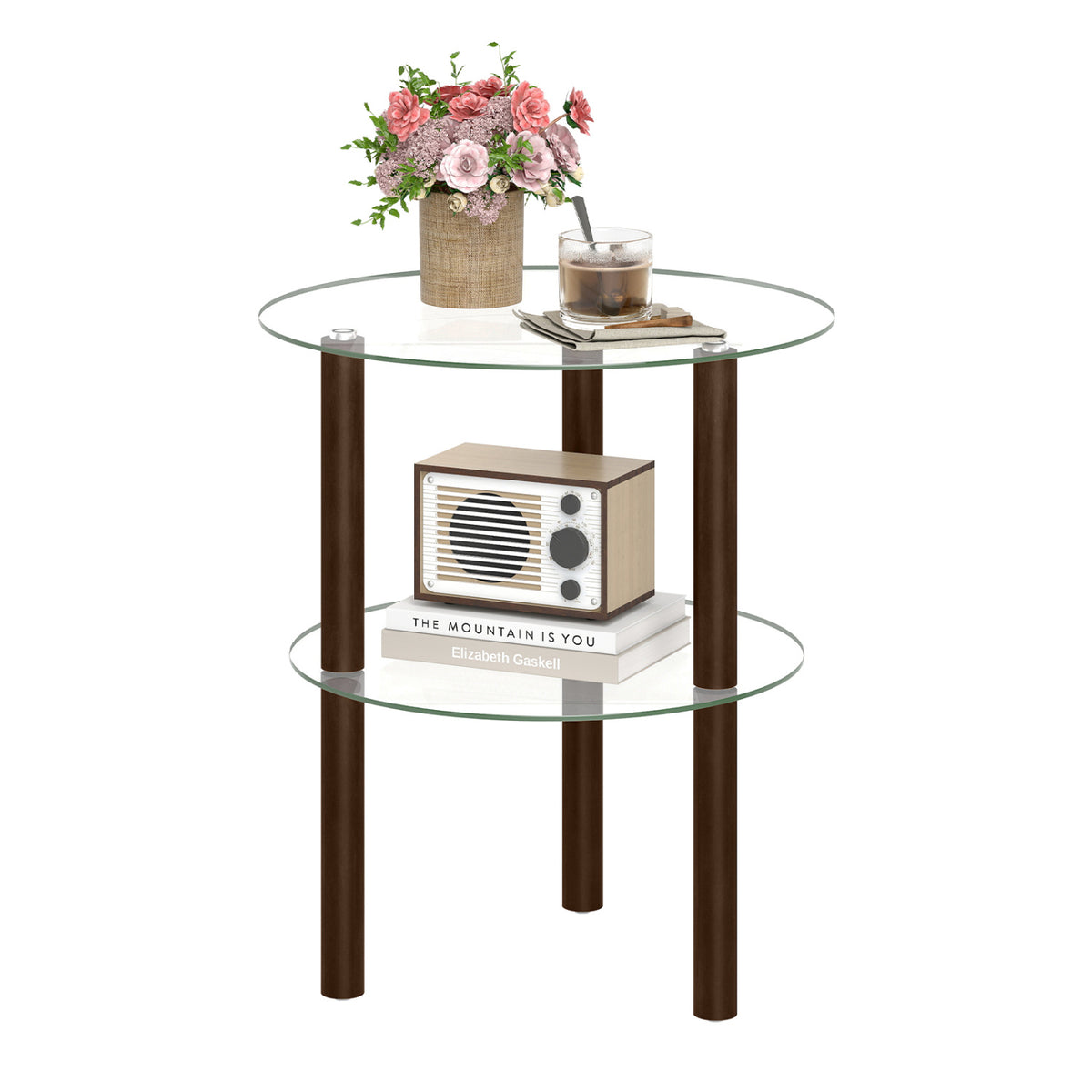 Round End Table with Tempered Glass Top & Shelf - Brown