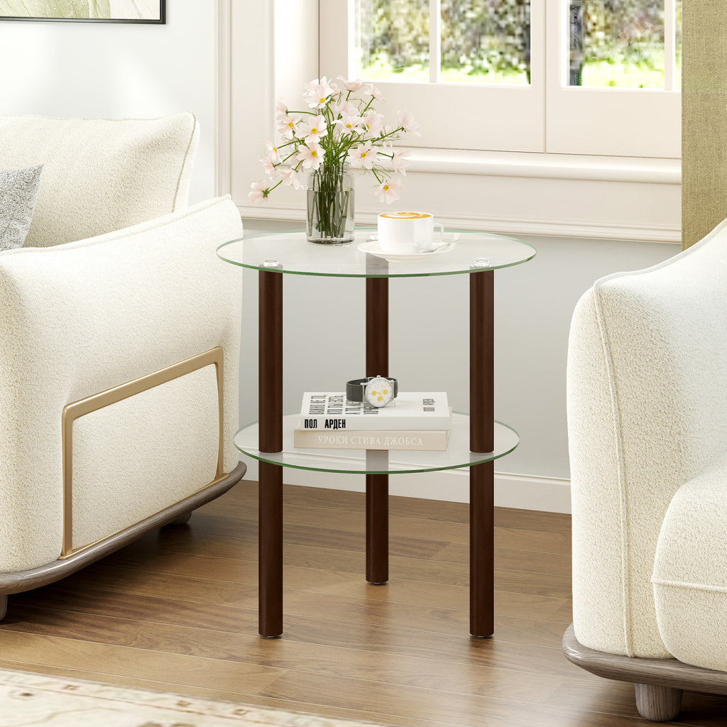 Round End Table with Tempered Glass Top & Shelf - Brown