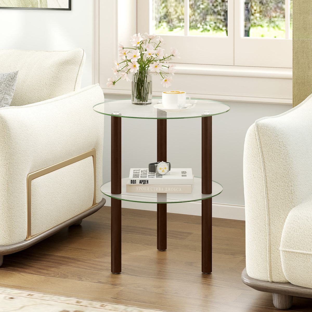 Round End Table with Tempered Glass Top & Shelf - Brown