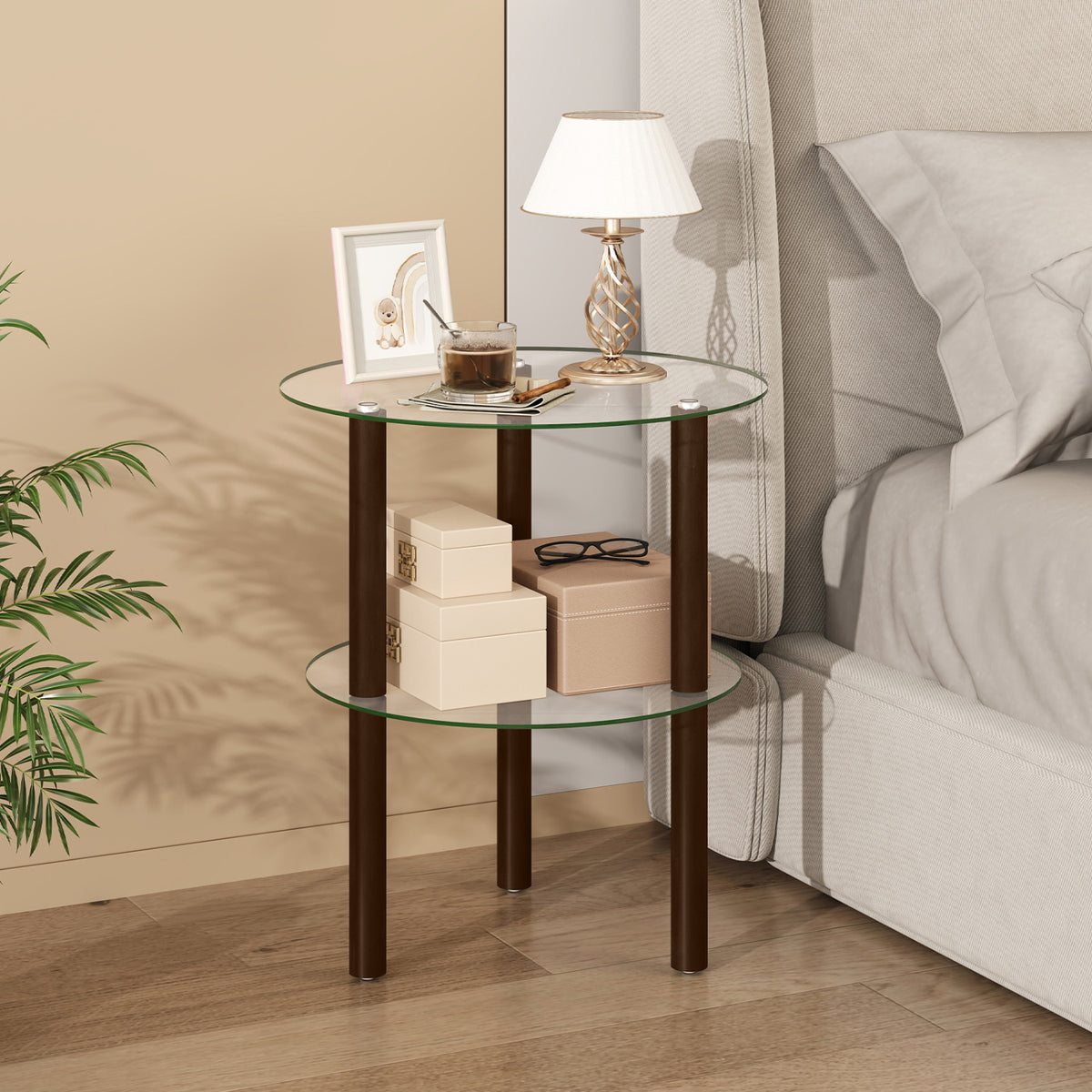 Round End Table with Tempered Glass Top & Shelf - Brown