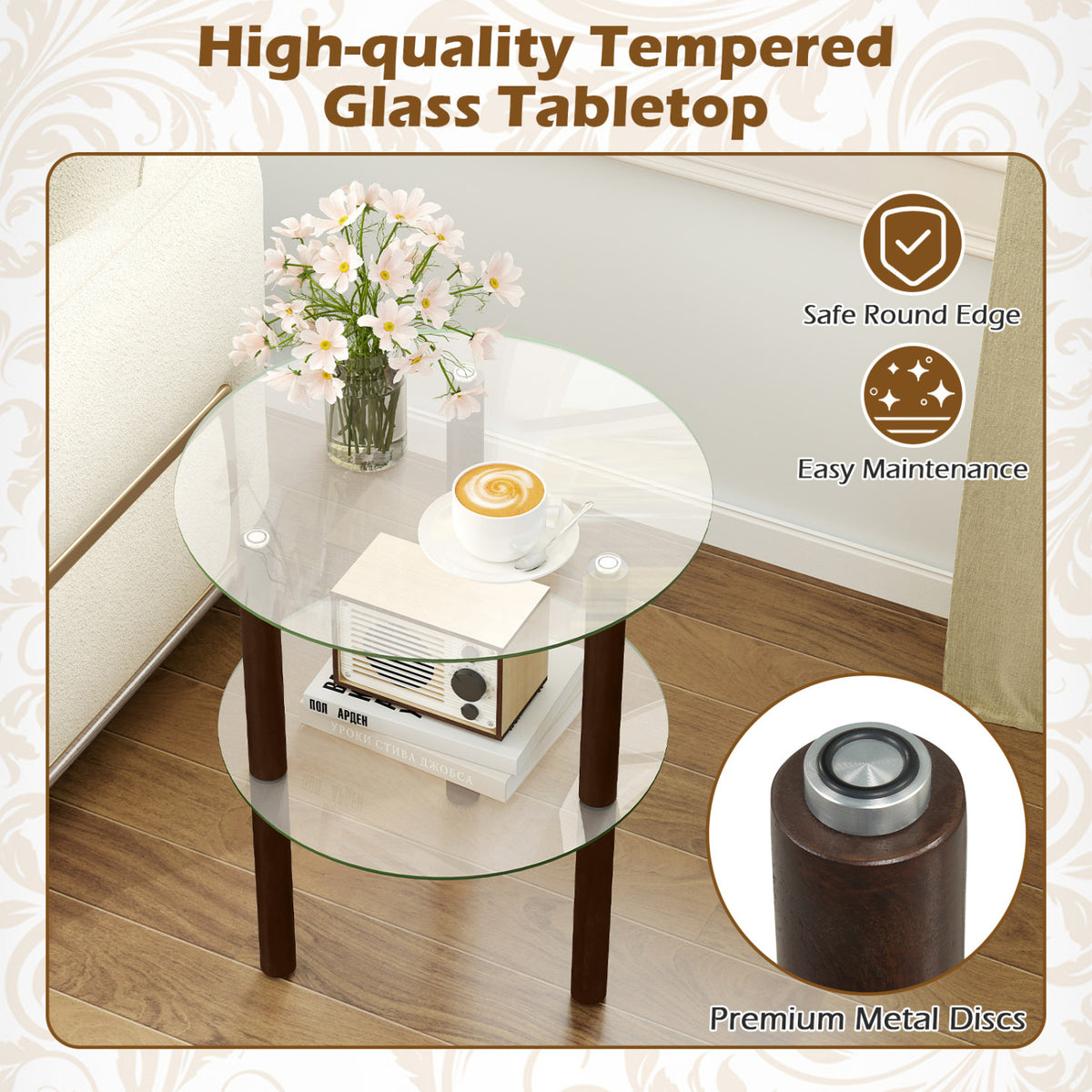 Round End Table with Tempered Glass Top & Shelf - Brown