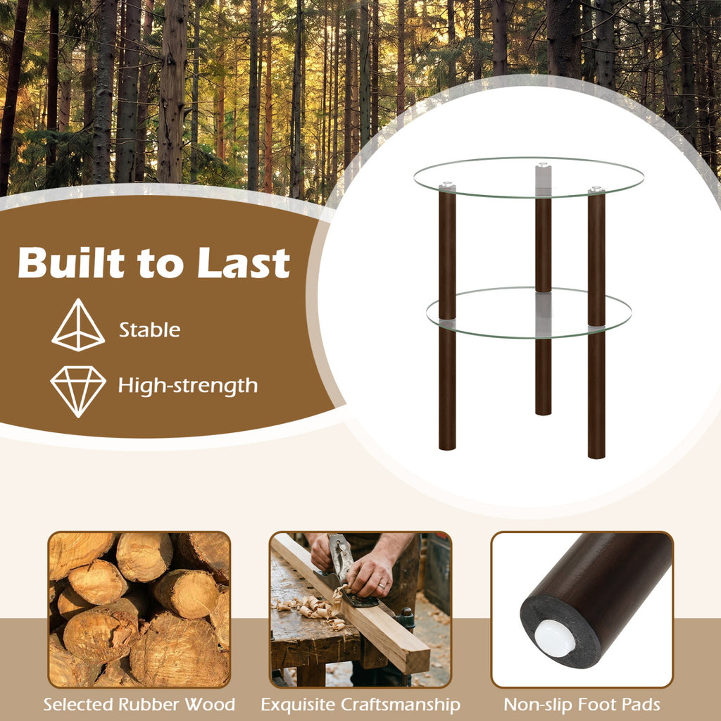 Round End Table with Tempered Glass Top & Shelf - Brown